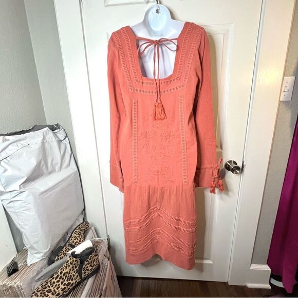 Modcloth Frock & Frill Elegant Wanderer Cotton Midi Dress Embroidered Coral 8 - Picture 11 of 13